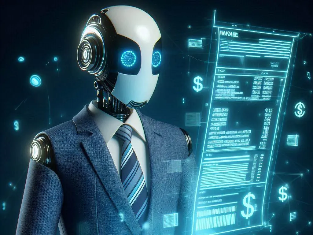 Humanoiden Roboter in Anzug, Hemd und Krawatte, der sich ein holographisches Dokument, eine eRechnung, anschaut.