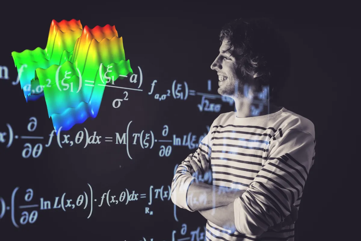 Mann (Dr. Sven Köppel) steht vor der Projektion von Differentilgleichungen und einem Flächendiagram