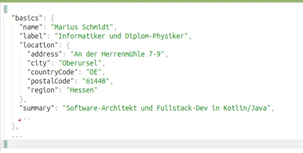 Beispiel eines JSON Resume Files