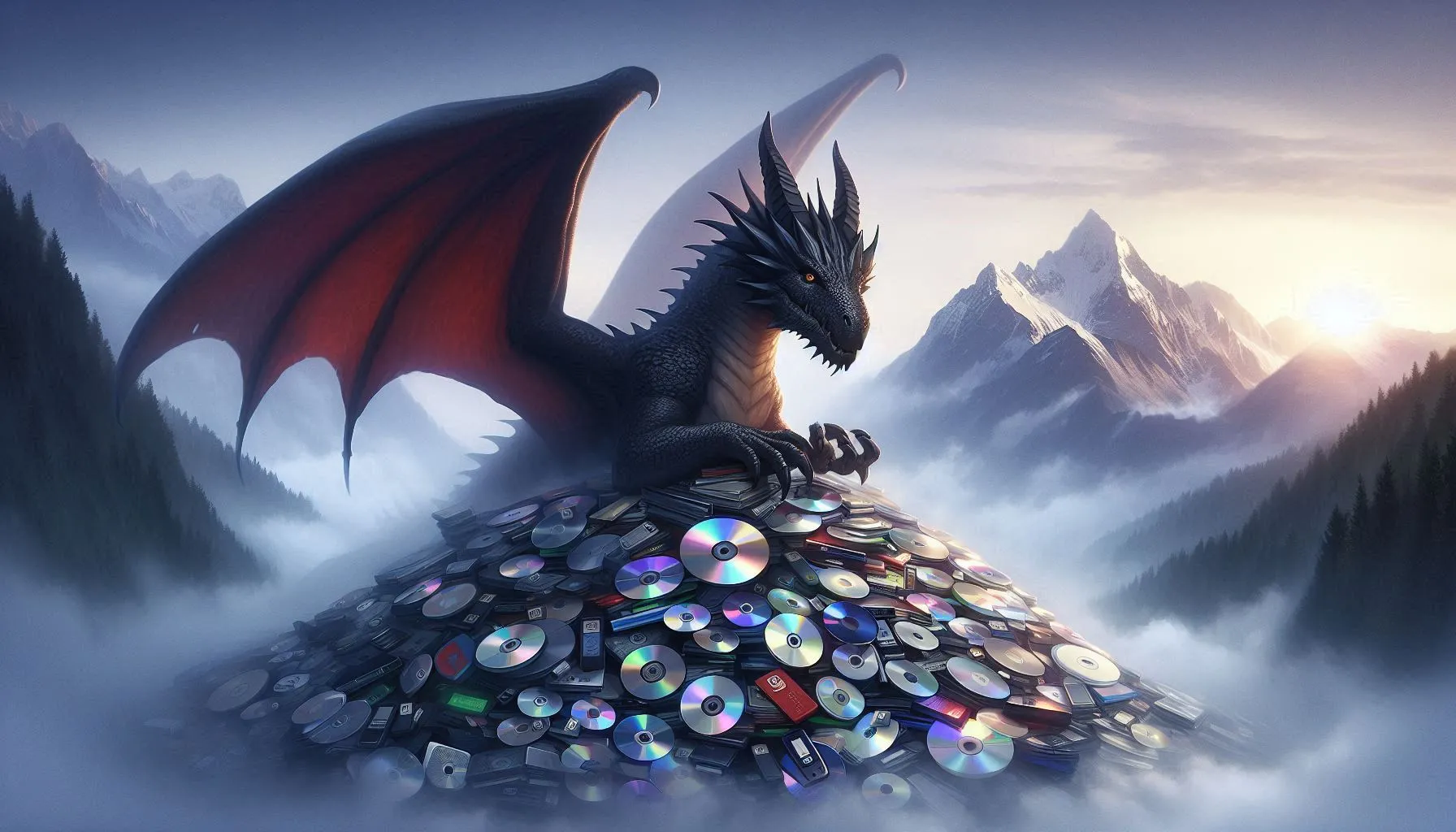 Ein Drache, der auf seinem Hort aus Datenträgern sitzt