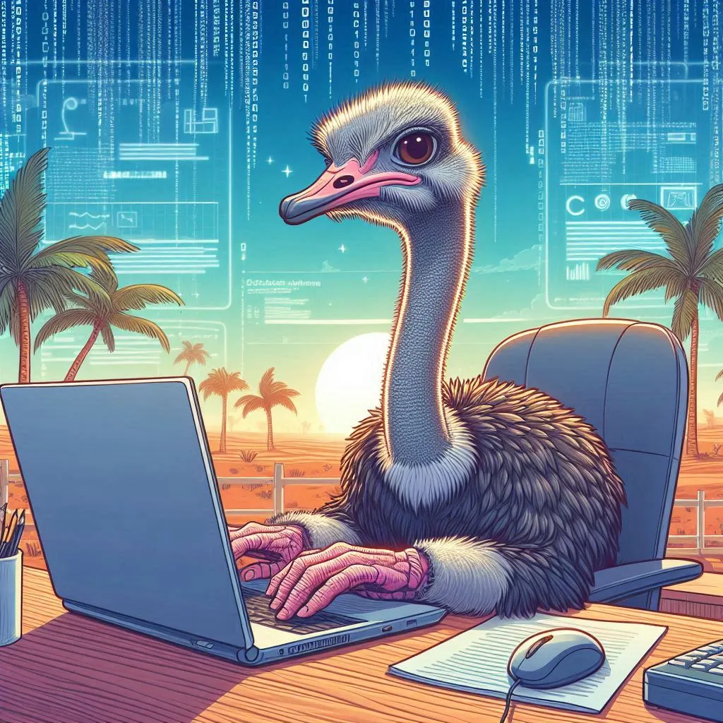 Antropomorpher Vogel-Strauss an einem Computer