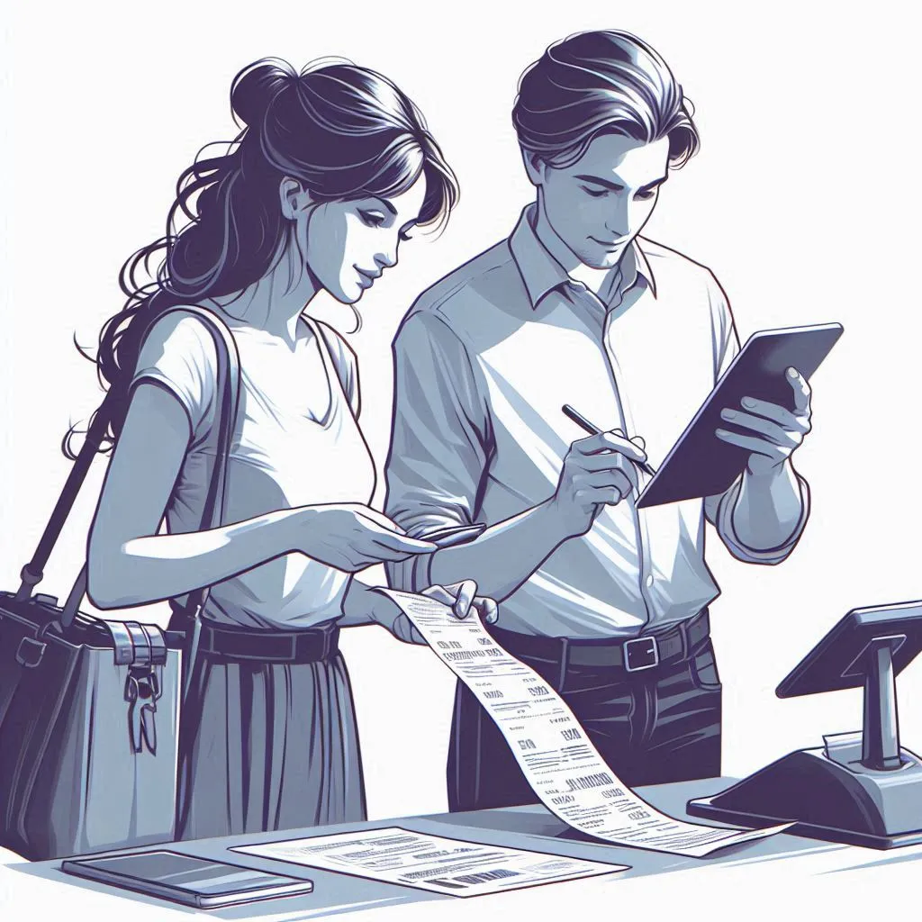 Ein Mann und eine Frau, die gemeinsame einen Kassenzettel und Daten auf einem Tablet prüfen