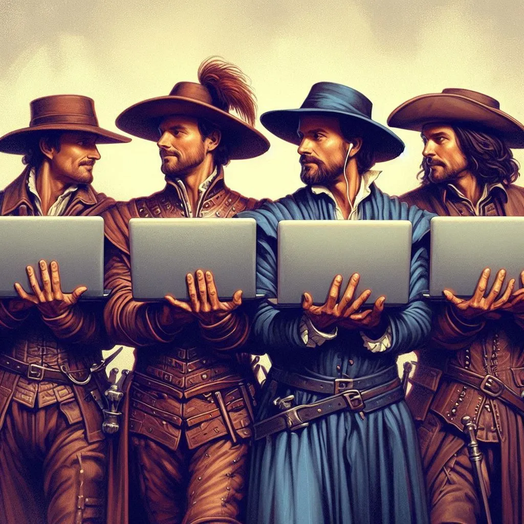 Vier Musketiere mit Laptops