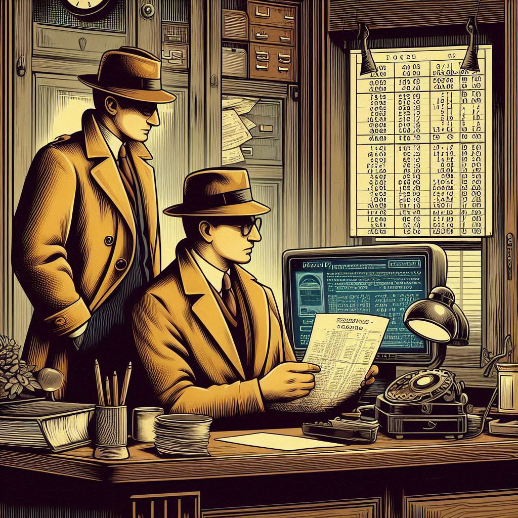 Zwei Männer mit Trenchcoat und Fedora in einem Noir-Style Detektivbüro betrachtet Daten auf einem Bildschirm
