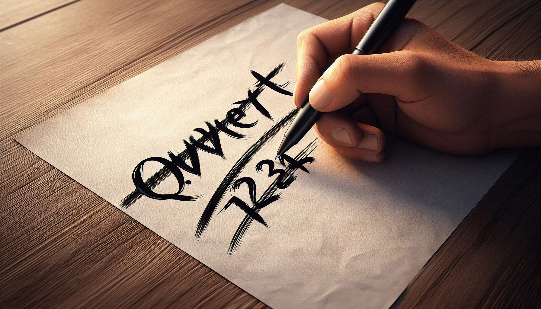 Zettel mit der Aufschrift qwert und 1234 mit einer Hand die beides durchstreicht