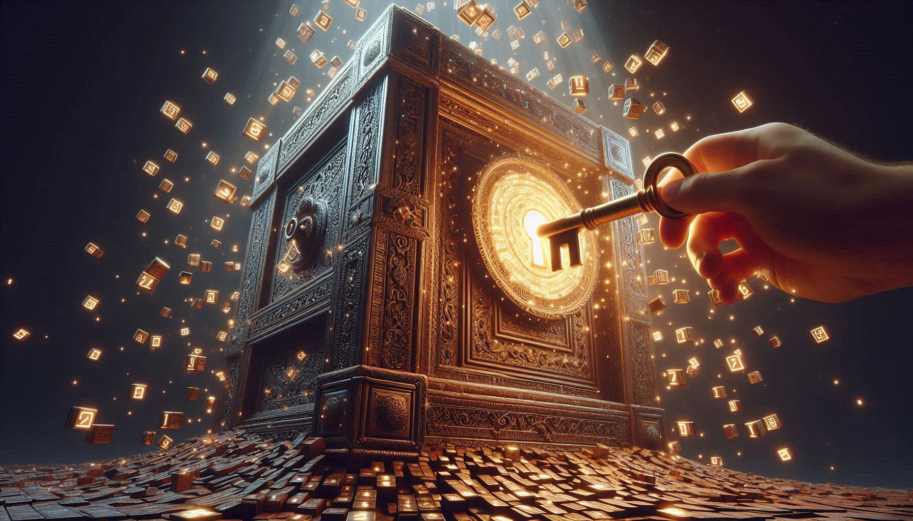 Mysteriöse Box mit leuchtendem Schloss und eine Hand mit einem alten Schlüssel, die sie aufschliesst