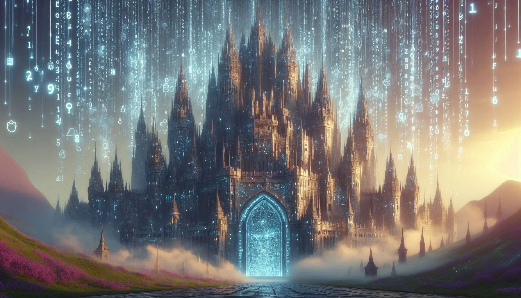 Burge mit einer magisch leuchtenden Tür und Datenstrom im Hintergrund