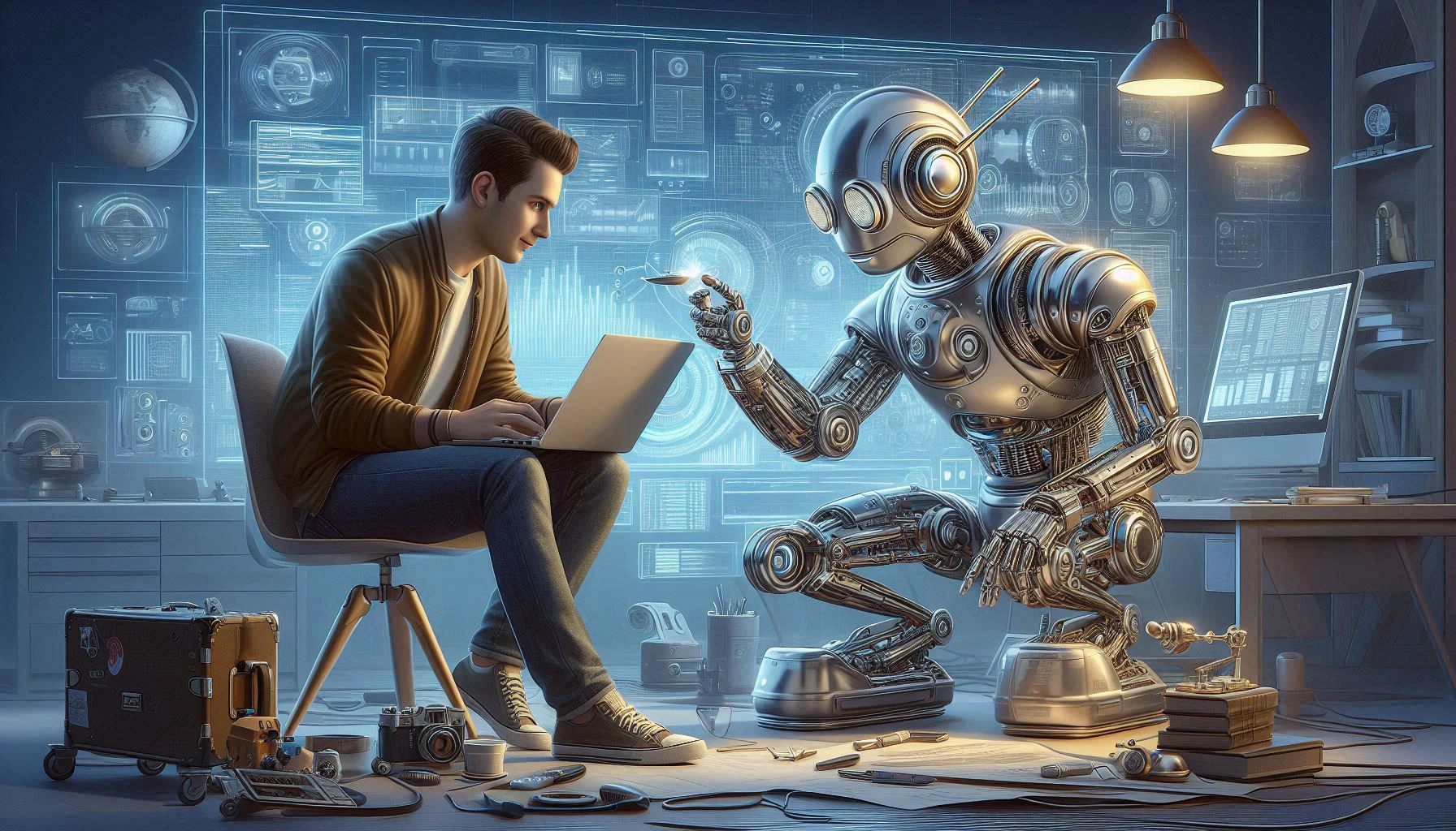 Softwareentwickler mit Laptop arbeitet mit KI-Roboter zusammen – Visualisierung von KI-gestützter Softwareentwicklung und Experts as a Service.