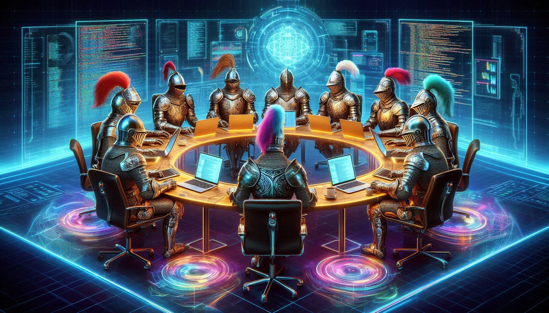 Futuristische Ritter sitzen an einem runden Tisch mit Laptops und programmieren Code – Symbol für Team as a Service
