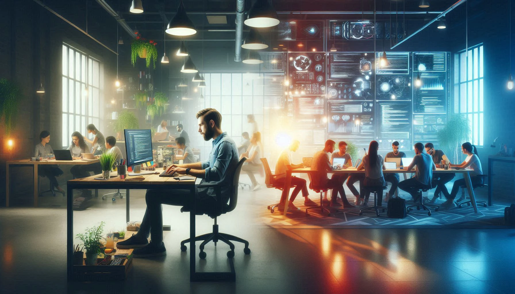 Ein einzelner Softwareentwickler arbeitet am Computer, während ein Entwicklerteam gemeinsam programmiert – Visualisierung von Expert as a Service vs Team as a Service