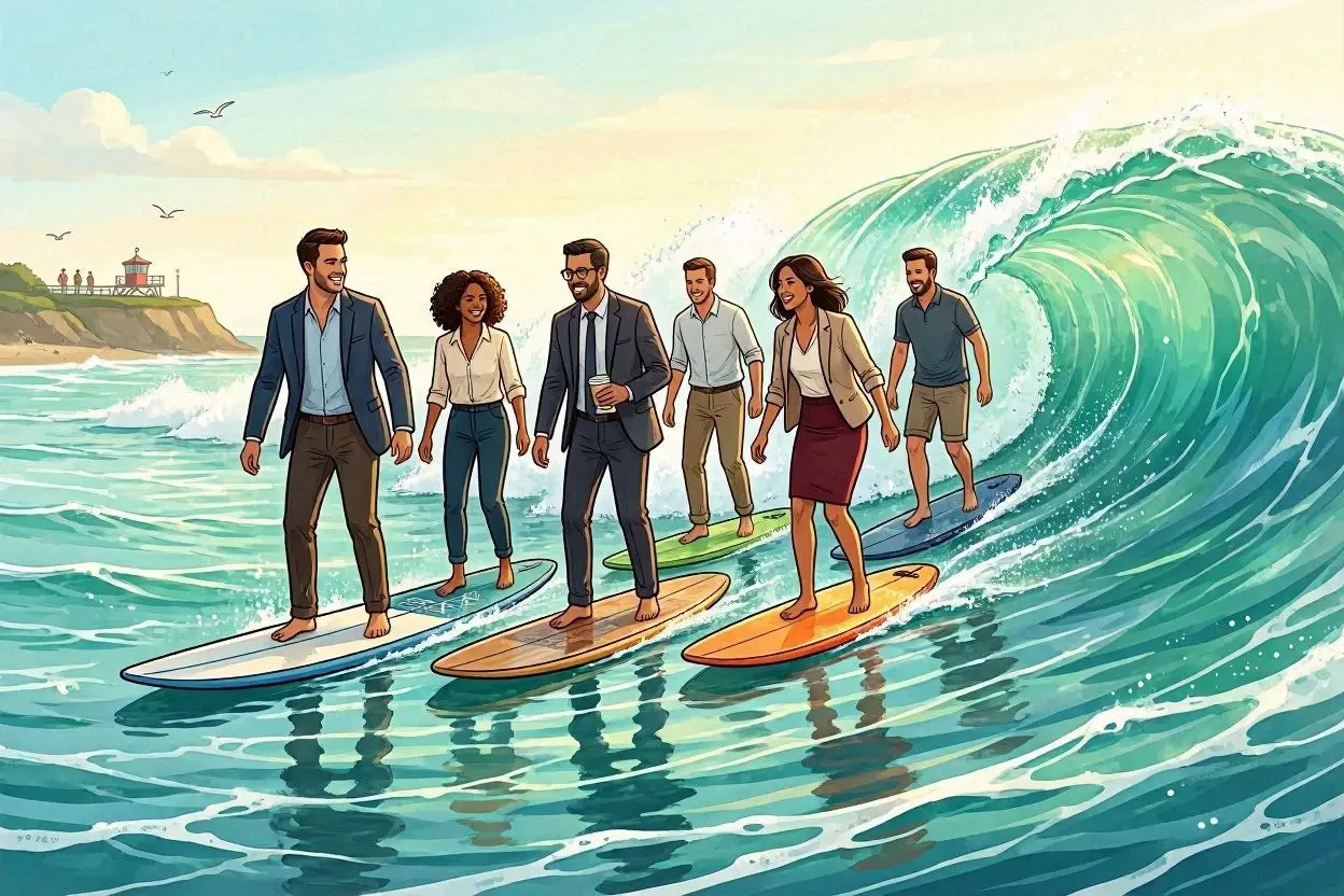 Team von Mitarbeitenden und Führungskräften surft gemeinsam auf einer Welle – Symbolbild für Change Management, agile Transformation, Teamarbeit und erfolgreiches Navigieren durch Veränderungen im Unternehmen.