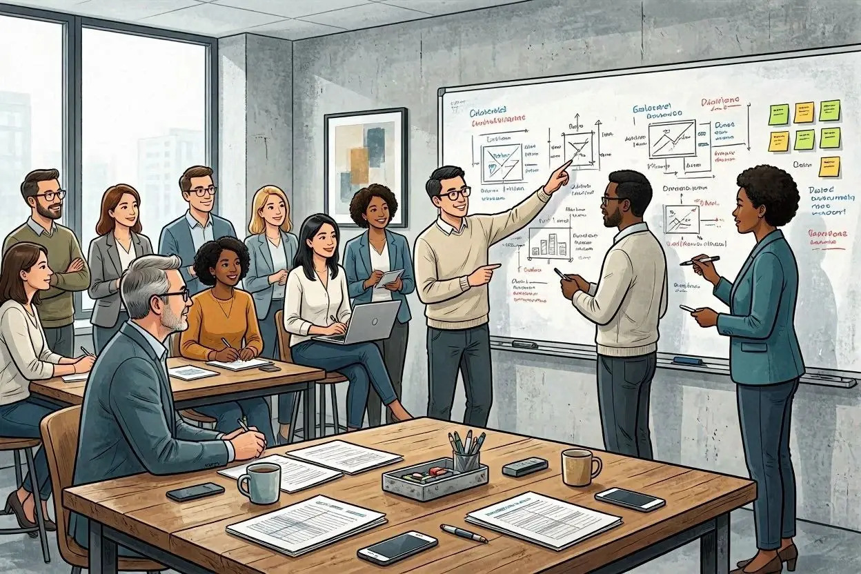 Diverses Team in einem Workshop zur Organisationsentwicklung und zum Change Management. Mitarbeitende diskutieren gemeinsam Strategien, Prozesse und Veränderungsmaßnahmen vor einem Whiteboard mit Diagrammen und Notizen.