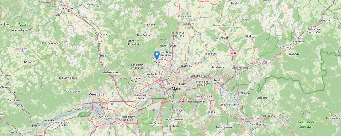 Karte der Region Frankfurt am Main mit Markierung des DenktMit-Büros in Oberursel