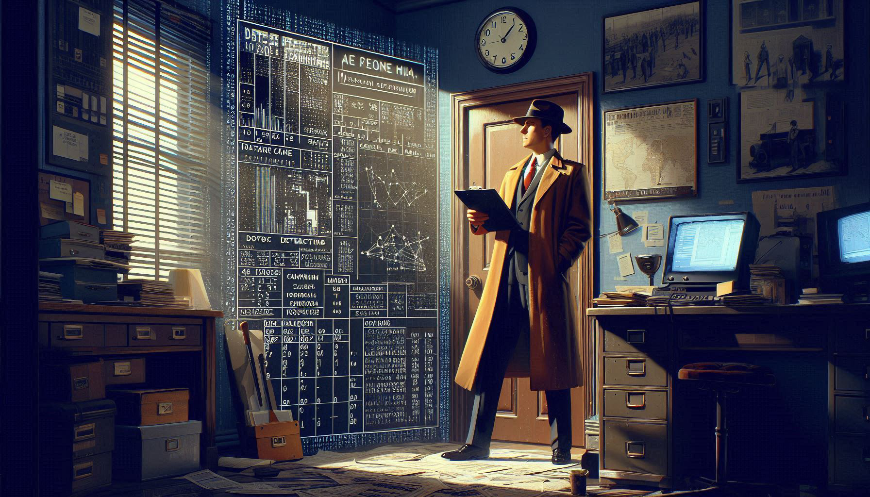Mann mit Trenchcoat und Fedora in einem Noir-Style Detektivbüro betrachtet Daten an der Wand